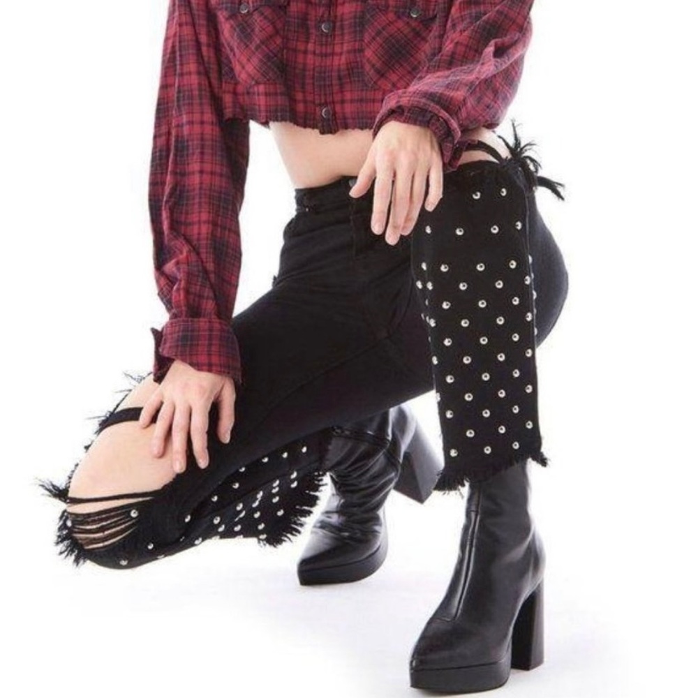 Carmar Emelia Black Studded Distressed Straight Leg Jeans Women's Size 25